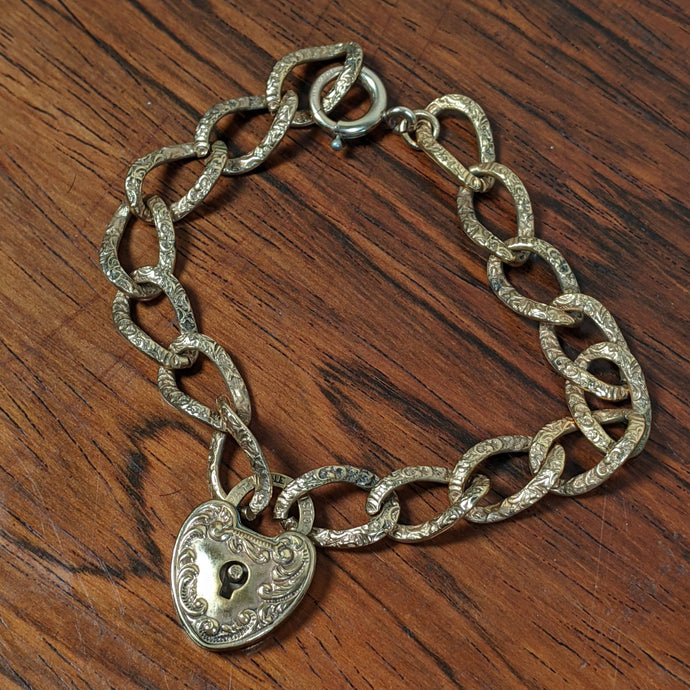1900s Gold Filled Heart Padlock Repousse Chain Bracelet