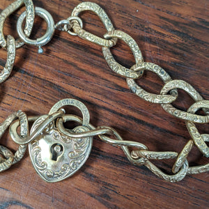 1900s Gold Filled Heart Padlock Repousse Chain Bracelet
