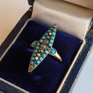 c. 1890s-1900s 14k Gold Turquoise, Marcasite, Pearl Ring
