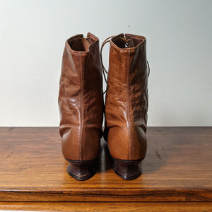 c. 1890s-1900s Tan Leather + Silk Boots
