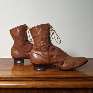 c. 1890s-1900s Tan Leather + Silk Boots