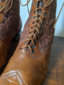 c. 1890s Tan Leather + Silk Boots