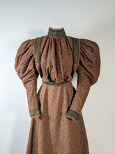 Load image into Gallery viewer, c. 1890s Gorgeous Green + Brown Woven Cotton + Wool Dress