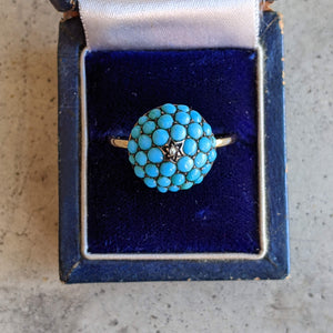 c. 1880s 15k Gold Turquoise + Diamond Bombe Ring