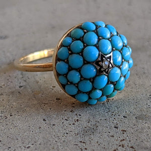 c. 1880s 15k Gold Turquoise + Diamond Bombe Ring