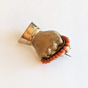 19th c. Gold Filled + Coral Bead Fist Brooch