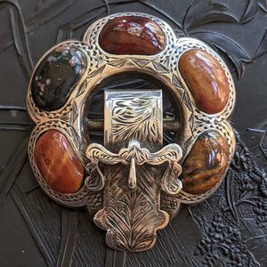 Sterling Silver Victorian Scottish Agate Buckle Brooch
