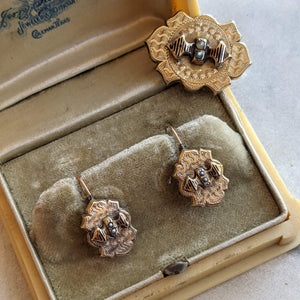 c. 1880s 9k Gold Demi Parure Earrings + Brooch