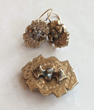 Load image into Gallery viewer, c. 1880s 9k Gold Demi Parure Earrings + Brooch