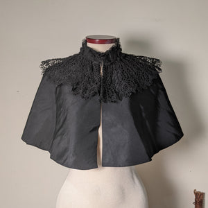 c. 1890s Black Silk Capelet w/ Lace Collar