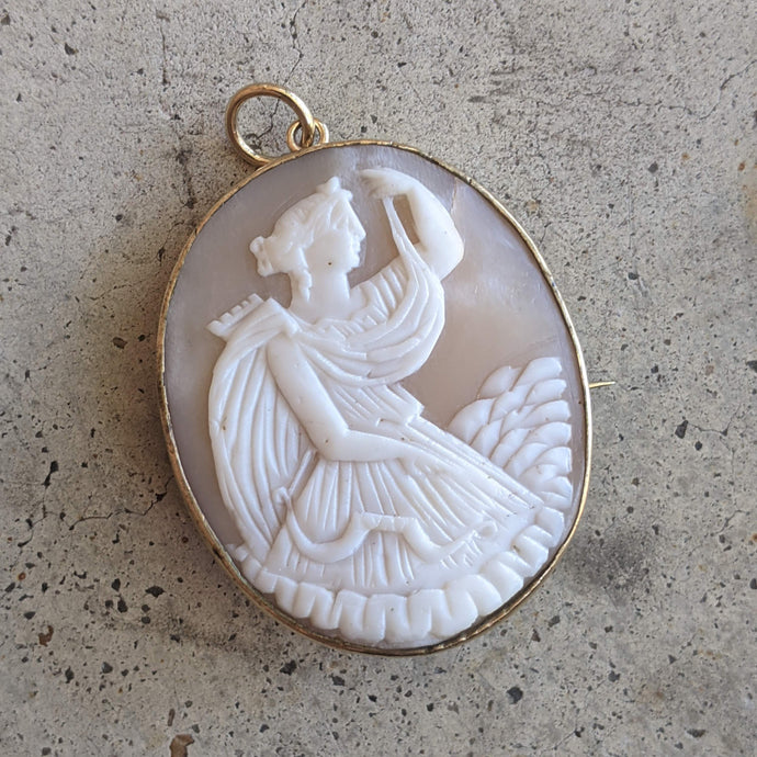 19th c. Goddess Diana or Artemis Cameo Brooch + Pendant