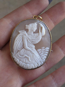 19th c. Goddess Diana or Artemis Cameo Brooch + Pendant