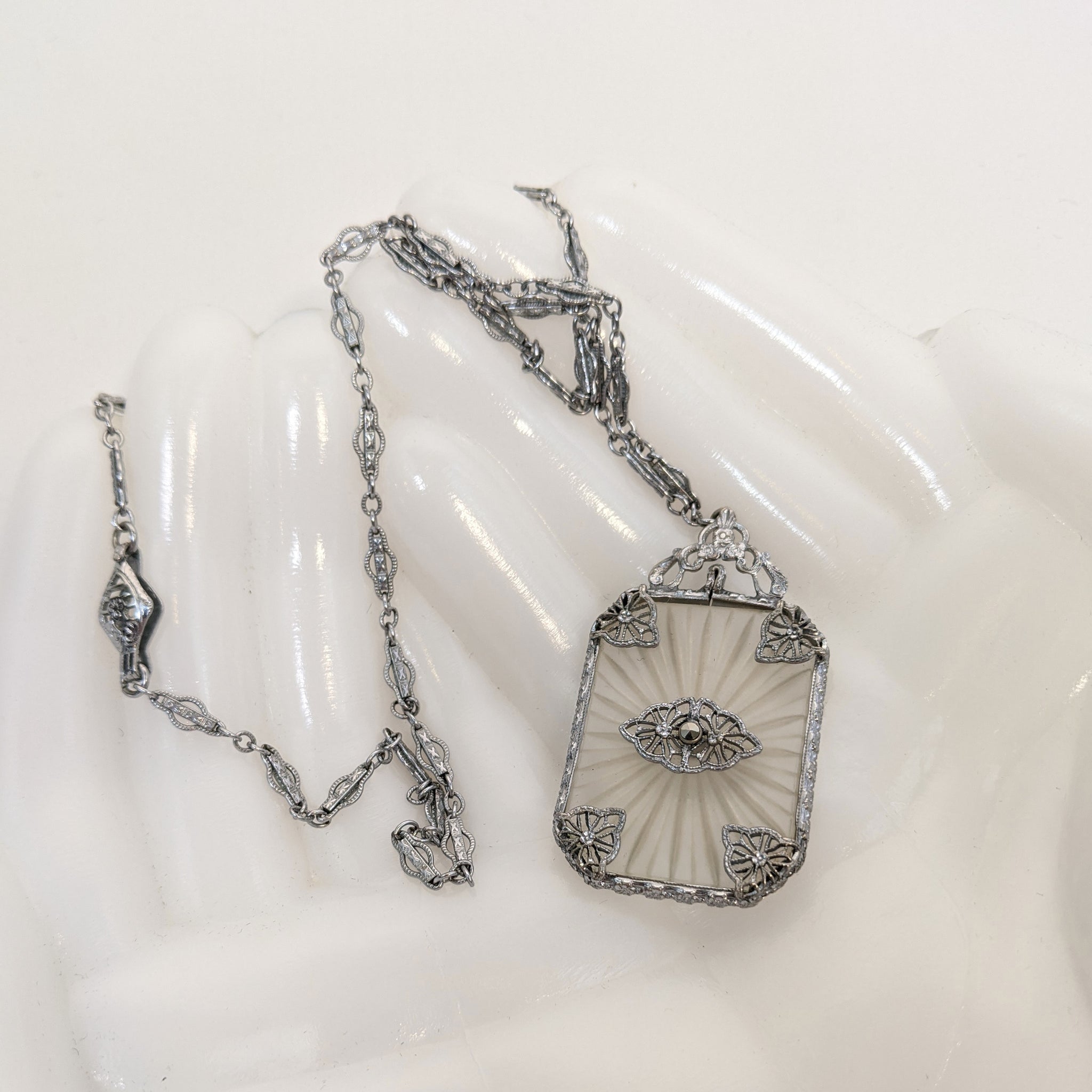 Filigree Art Deco Starburst Camphor Glass Crystal & Diamond Drop Penda —  Antique Jewelry Mall