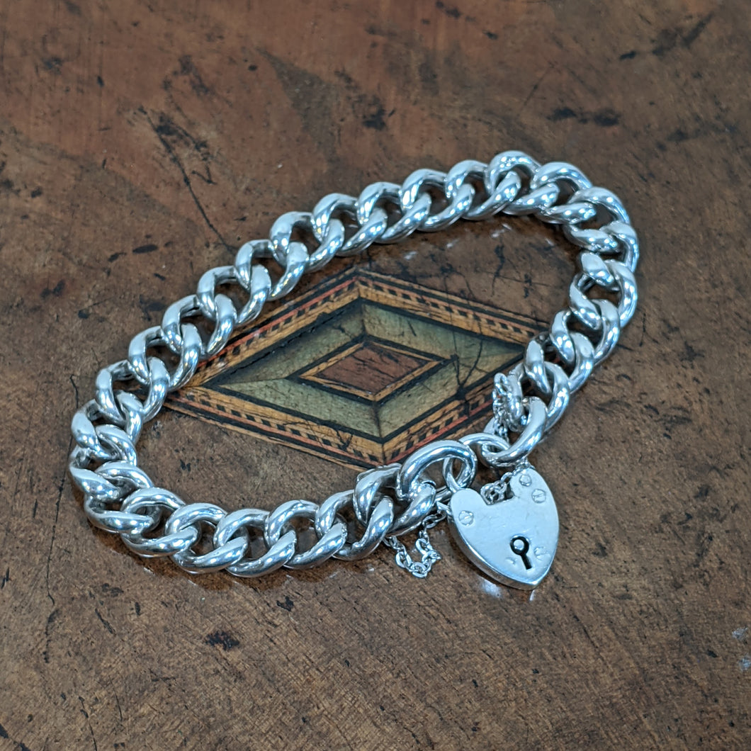 1907 Sterling Silver Curb Bracelet + Heart Lock